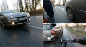 images de dépassement dangereux d'un vélo par une voiture